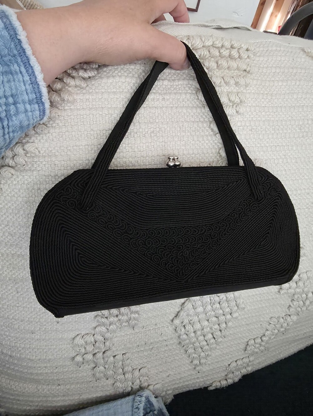 Vintage 1950s Black Evening Handbag Purse, Corde Bag, Mid Century Fashion